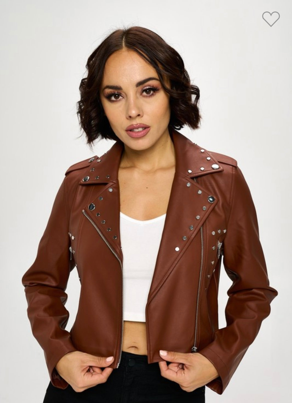 Faux crop stud leather jacket -brown