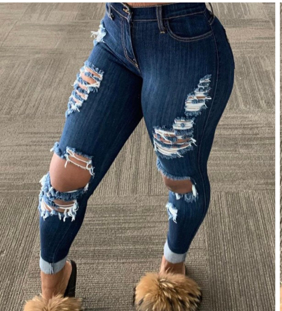 Dark denim distressed jeans