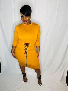 Long sleeve tie up dress-mustard