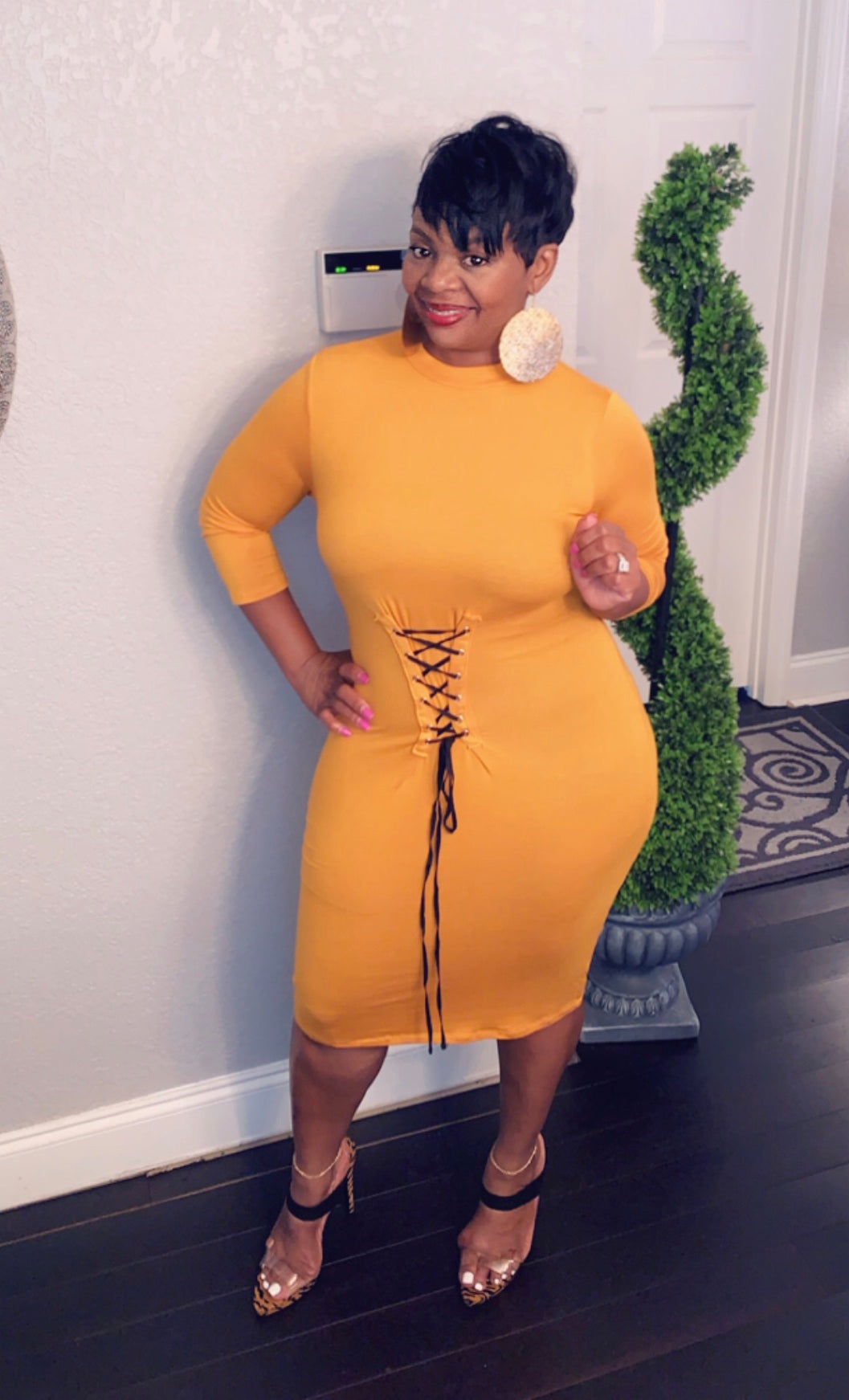 Long sleeve tie up dress-mustard