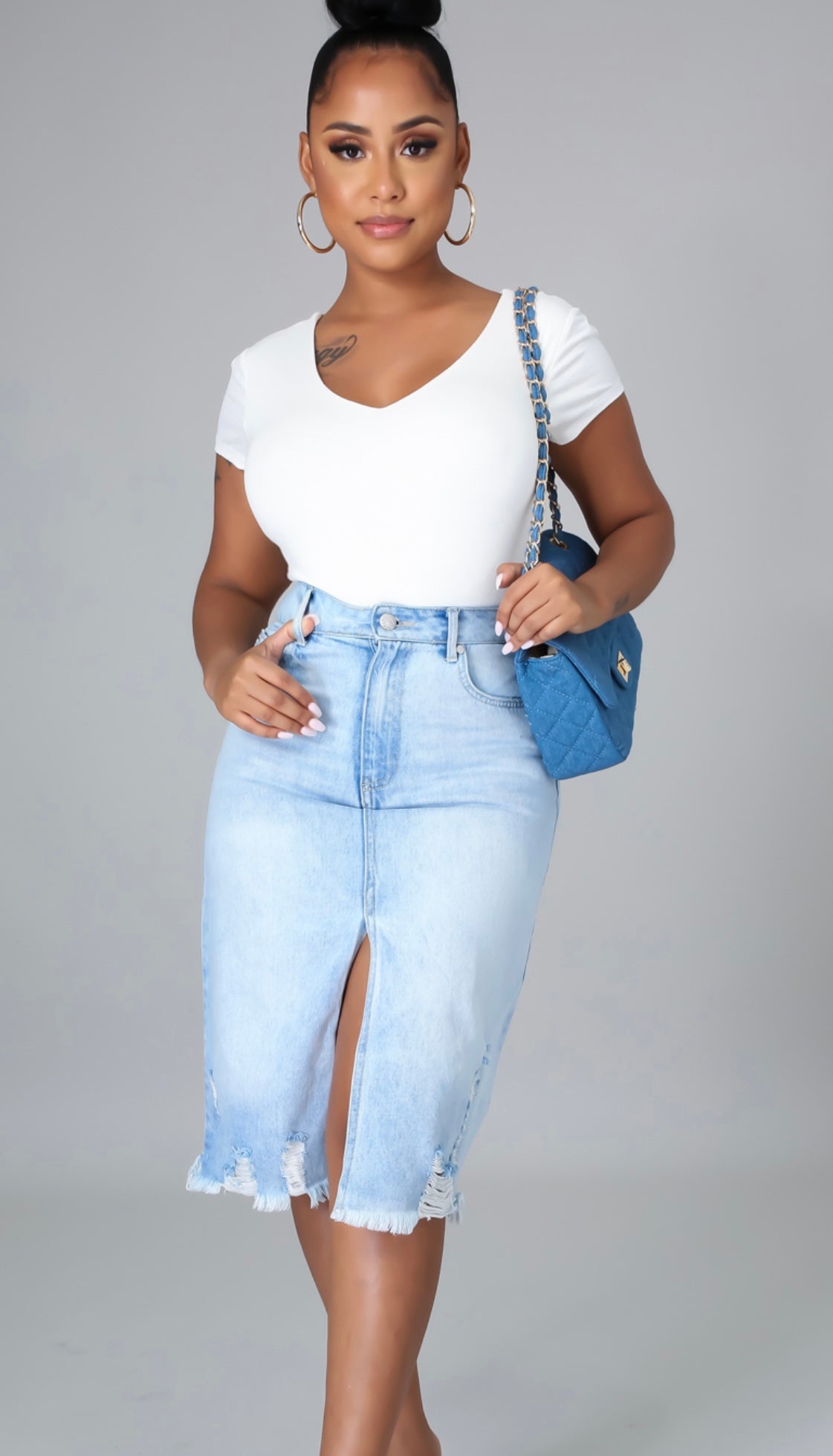 Denim pencil fitted denim jean skirt